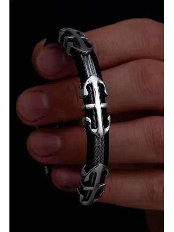 Erkek Çelik Bileklik - Çelik Çapa Desenli 3 Sıra Erkek Bileklik