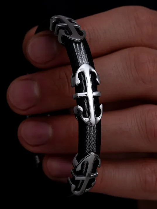 Erkek Çelik Bileklik - Çelik Çapa Desenli 3 Sıra Erkek Bileklik