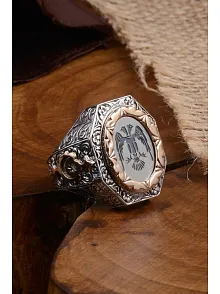 Çift Başlı Selçuklu Kartalı Oval Model Yanında Hilal Yıldız Motif Erkek Gümüş Yüzük