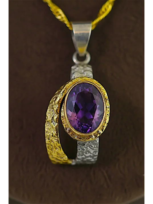 Kadın Gümüş Kolye Yüzük Küpe Set - Doğal Ametist Taşlı Altın Kaplama Gümüş Set