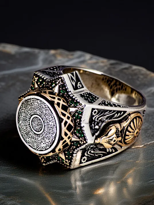 Erkek İnşirah Suresi İşlemeli Yeşil Zirkon Taşlı Babil Temalı 925 Ayar Gümüş Yüzük