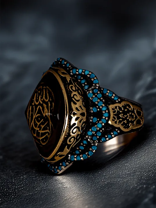 Erkek La Galibe İllallah Yazılı Katalin Taşı Ve Turkuaz Zirkon Taşlı 925 Ayar Gümüş Yüzük