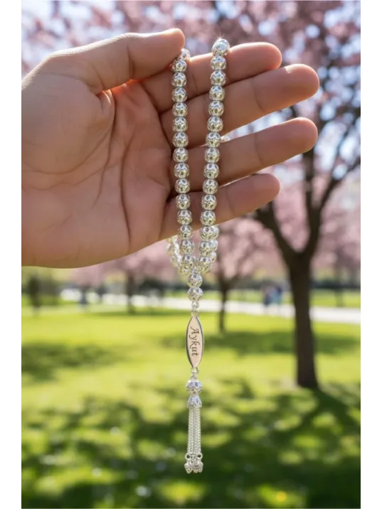 Erkek Gümüş Tespih -Çift Taraflı İsim Yazılabilir Delikli Parlak Küre Kesim Tesbih Bilek Boy