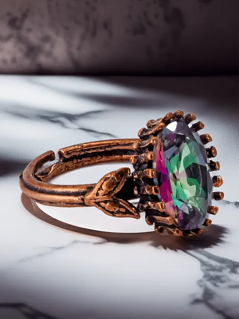 Kadın Bakır Bileklik Yüzük Set - Mistik Topaz Taş Mekik Ağaç Kabuğu Model İnce Metal Kutu Kuvars Taş