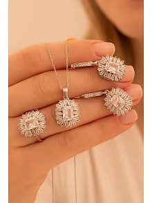 Kadın Gümüş Set - Kare Baget Taşlı Baget Süslemeli Rodyumlu Kadın Set