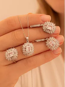 Kadın Gümüş Set - Kare Baget Taşlı Baget Süslemeli Rodyumlu Kadın Set