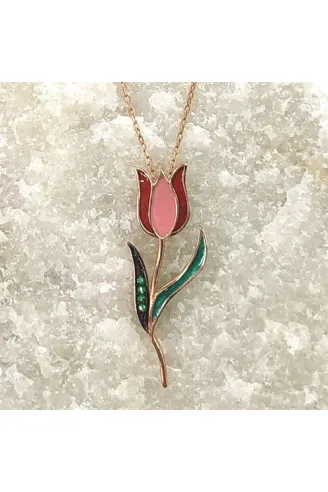 Rose Renk Lale Bayan Gümüş Kolye