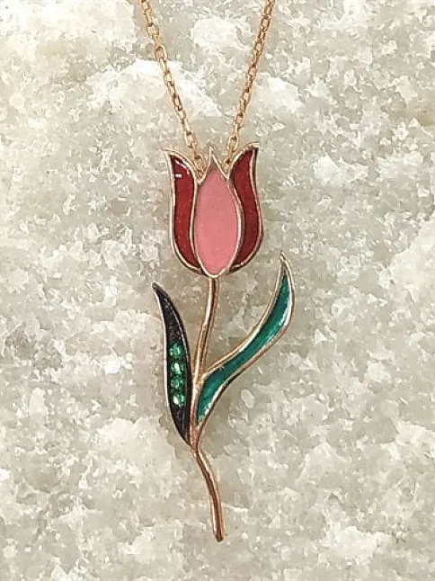 Rose Renk Lale Bayan Gümüş Kolye