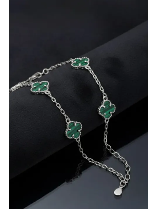 Erkek 925 Ayar Gümüş Yeşil Malahit Taşlı Yonca Model Zincir Bileklik