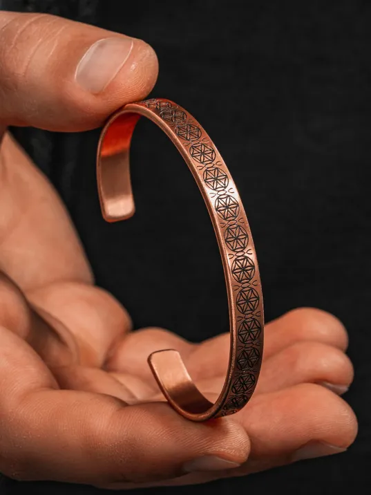 Erkek Bakır Bileklik - Lotus Çiçeği - Yaşam Çiçeği İnce Model Erkek Kelepçe Bileklik Bilezik