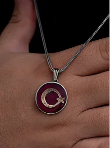 Erkek Gümüş Kolye - Ayyıldız İşlemeli Kırmızı Renkli Gümüş Kolye