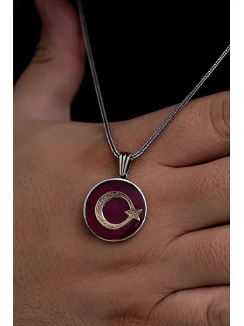 Erkek Gümüş Kolye - Ayyıldız İşlemeli Kırmızı Renkli Gümüş Kolye