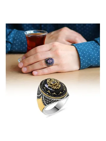 Erkek Gümüş Yüzük - Oniks Taşlı Mikro Zirkon Taş Mıhlamalı 925 Ayar Gümüş Erkek Yüzük