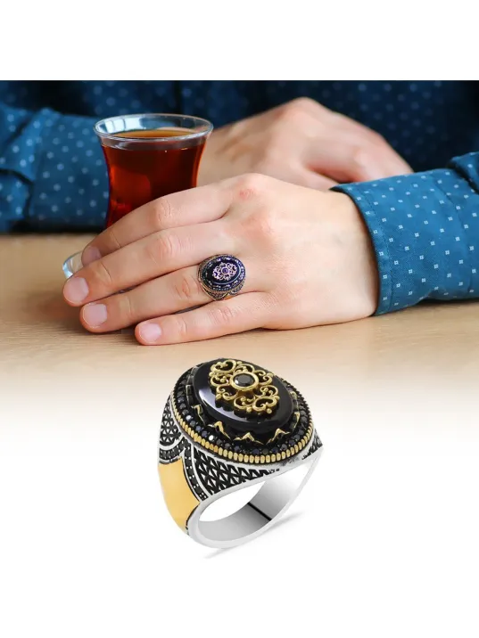 Erkek Gümüş Yüzük - Oniks Taşlı Mikro Zirkon Taş Mıhlamalı 925 Ayar Gümüş Erkek Yüzük