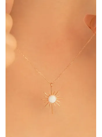 Kadın Gümüş Kolye - Rose Altın Kaplama Beyaz Opal Taşlı Kutup Yıldızı Gümüş Kolye