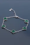Kadın 925 Ayar Gümüş Yeşil Malahit Taşlı Yonca Model Zincir Bileklik