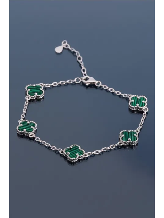 Kadın 925 Ayar Gümüş Yeşil Malahit Taşlı Yonca Model Zincir Bileklik