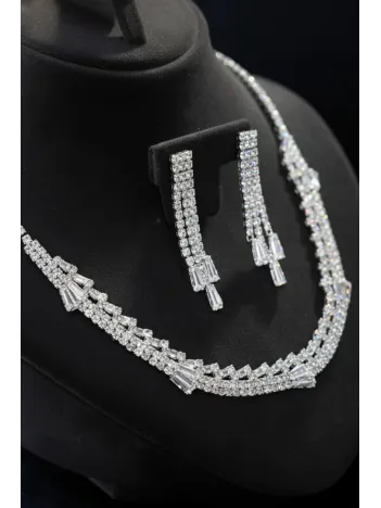 Kadın Bijuteri Kolye Küpe Set - Alexia Model Baget ve Zirkon Taşlı Zarif Su Yolu Set