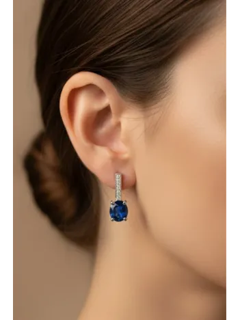 Kadın Gümüş Küpe - Lacivert Safir Taşlı Tektaş Model Küpe