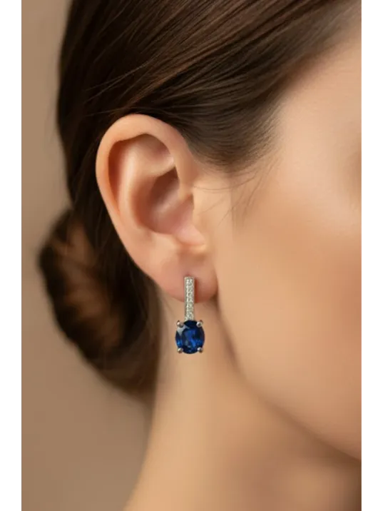 Kadın Gümüş Küpe - Lacivert Safir Taşlı Tektaş Model Küpe