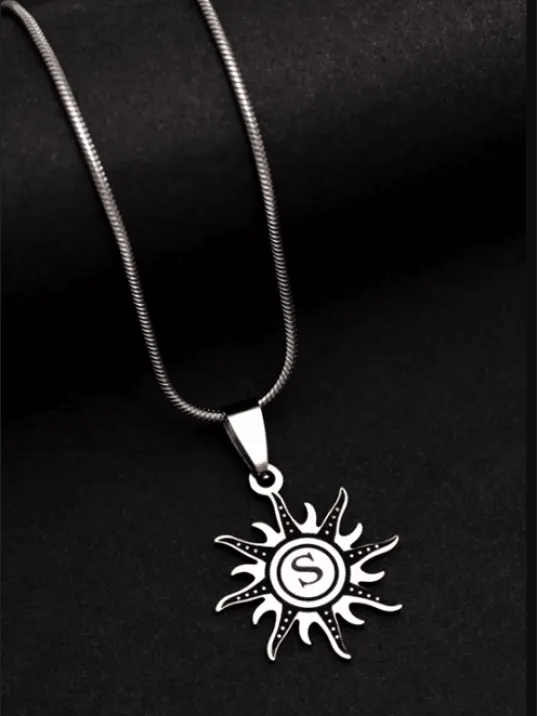 Erkek Kolye - Kadın Kolye - Güneş Model Ortası Harfli Çelik Kolye - 316 L Paslanmaz Çelik