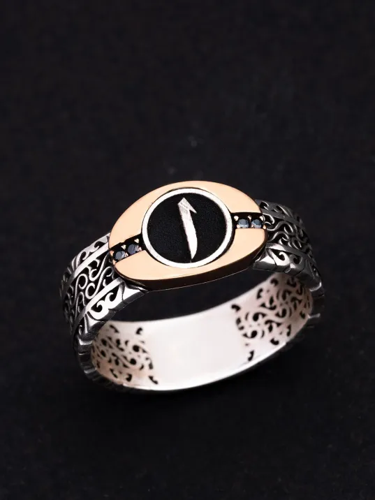 Erkek Gümüş Yüzük - Elif Yazılı Siyah Zirkon Taşlı İnce Kibar Erkek Yüzüğü Erkek Gümüş Yüzük - Elif Yazılı Siyah Zirkon Taşlı İnce Kibar Erkek Yüzüğü