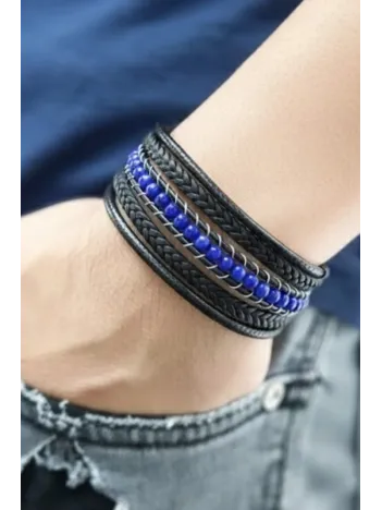 Mavi Faset Akik Doğal Taşlı Çoklu Deri Kordonlu Kadın Bileklik