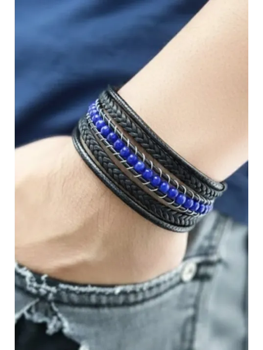 Mavi Faset Akik Doğal Taşlı Çoklu Deri Kordonlu Kadın Bileklik