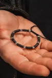 Siyah Hematit Taşlı Gümüş Detaylı Ayarlanabilir Erkek İp Bileklik - Model 5