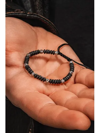 Siyah Hematit Taşlı Gümüş Detaylı Ayarlanabilir Erkek İp Bileklik - Model 5