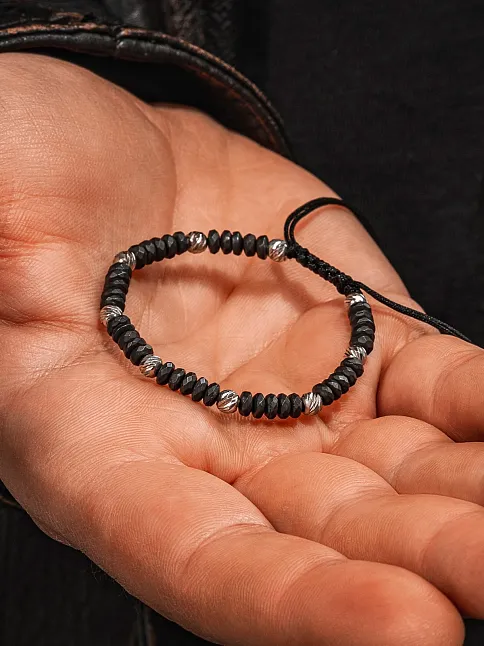 Siyah Hematit Taşlı Gümüş Detaylı Ayarlanabilir Erkek İp Bileklik - Model 5