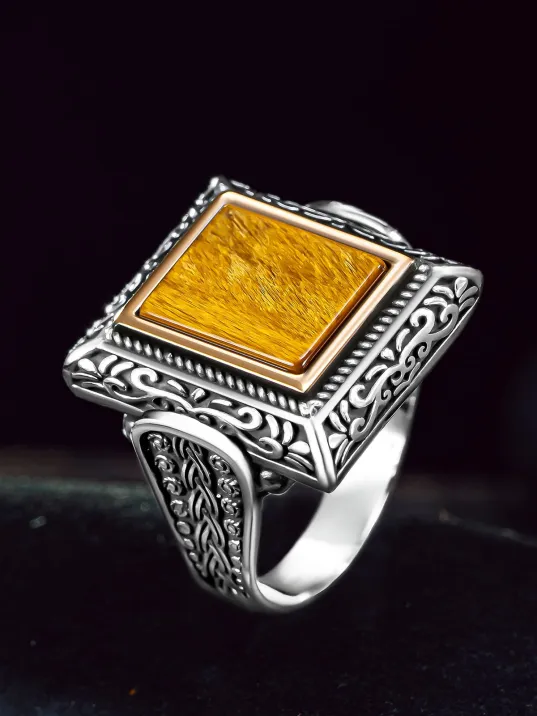 Erkek Gümüş Yüzük - Kaplangözü Taşı Kare Model Erkek Yüzük