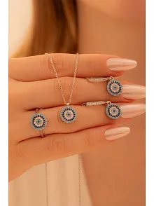 Kadın Gümüş Set - Yuvarlak Model Nazar Boncuğu Motifli Kadın Set