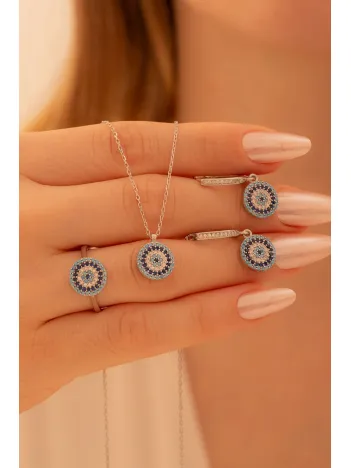Kadın Gümüş Set - Yuvarlak Model Nazar Boncuğu Motifli Kadın Set