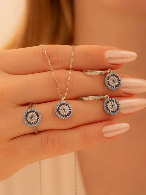 Kadın Gümüş Set - Yuvarlak Model Nazar Boncuğu Motifli Kadın Set