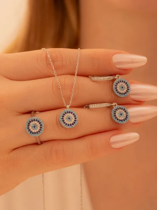 Kadın Gümüş Set - Yuvarlak Model Nazar Boncuğu Motifli Kadın Set Kadın Gümüş Set - Yuvarlak Model Nazar Boncuğu Motifli Kadın Set