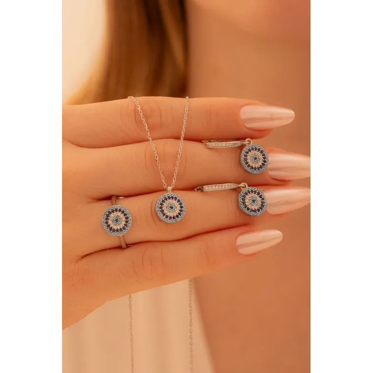Kadın Gümüş Set - Yuvarlak Model Nazar Boncuğu Motifli Kadın Set