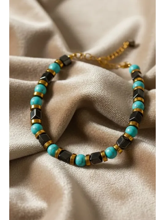 Erkek Kadın Çelik Bileklik - Turkuaz Taşlı Küp Model Sarı Detaylı Erkek Kadın Bileklik