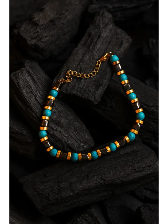 Erkek Kadın Çelik Bileklik - Turkuaz Taşlı Küp Model Sarı Detaylı Erkek Kadın Bileklik