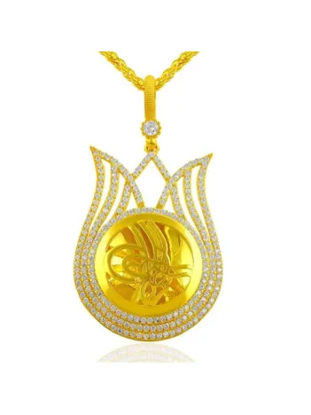 Kadın Gümüş Kolye - Büyük Boy Altın Kaplama Lale Motifli Tuğra İşlemeli Gümüş Kolye