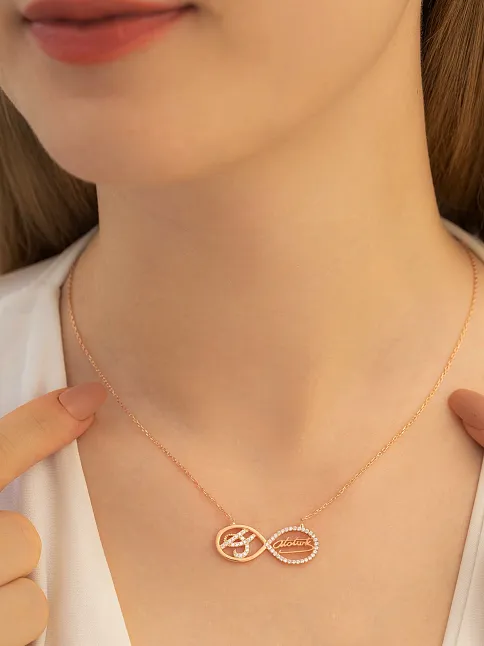 Kadın Gümüş Kolye - Kadın Atatürk Imzalı Sonsuzluk Kolyesi Rose Renk