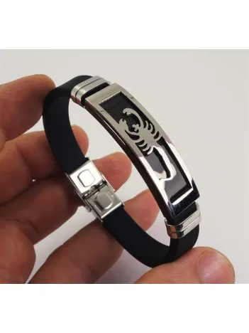 Siyah Beyaz Akrep Figürlü Kauçuk Çelik Erkek Bileklik