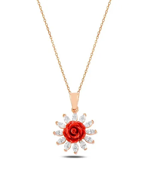 Zirkon Taşlı Rose Gül Çiçeği Model 1 Kadın Gümüş Kolye Gklglcckmd1-ros