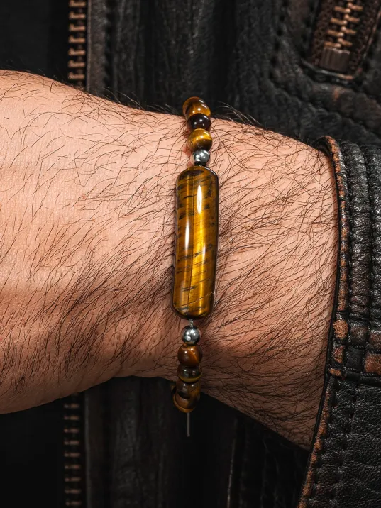 Erkek Kadın Doğal Taş Bileklik - Kaplan Gözü Taşlı Çelik Halat Ve Çelik Klipsli Bileklik