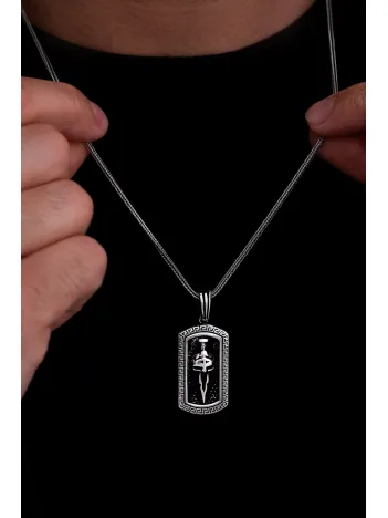 Erkek Gümüş Kolye - Grek Desenli Savaşçı Maskesi Tilki Kuyruğu Zincir Erkek Kolye