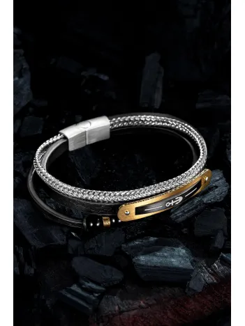 Doğal Oniks Taşlı Deri Çelik 3 lü Erkek Bileklik Altın Kaplama Renk Çapa Motifli