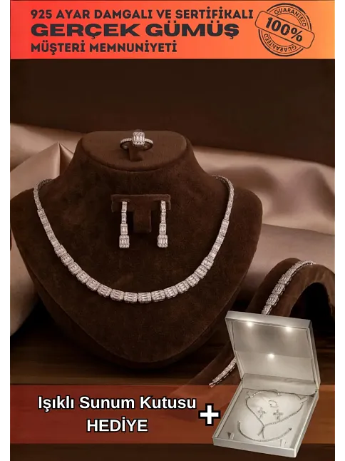 Kadın Gümüş Takı Seti - Mehtap Baget Taşlı Kolye, Bileklik, Yüzük, Küpe Tam Set