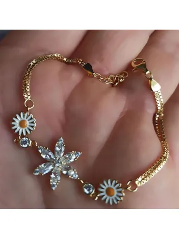 Altın Kaplama Nergis Çiçeği Zirkon Taşlı Bayan Gümüş Bileklik