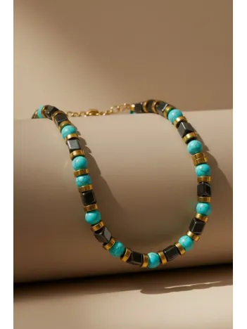 Erkek Kadın Çelik Bileklik - Turkuaz Taşlı Küp Model Sarı Detaylı Erkek Kadın Bileklik