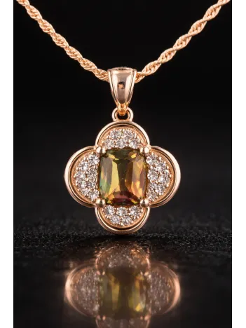 Kadın Gümüş Kolye Yüzük Küpe Set - Asalet Çiçeği Model Kare Zultanit Taşlı Rose Kaplama Set